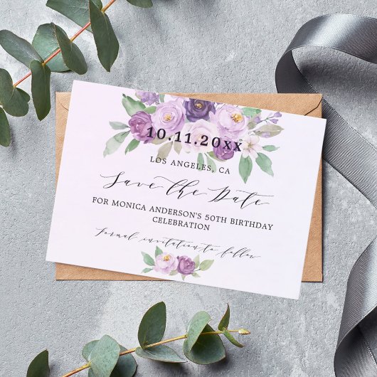 Verjaardagsfeestje violette bloemen save the date