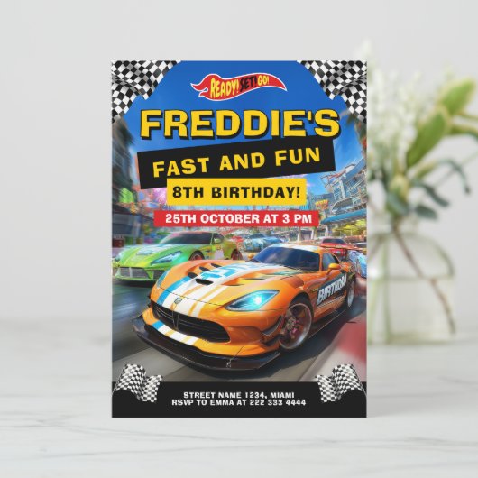 Verjaardagsfeestje voor de Speed Race Kaart (Staand voorkant)