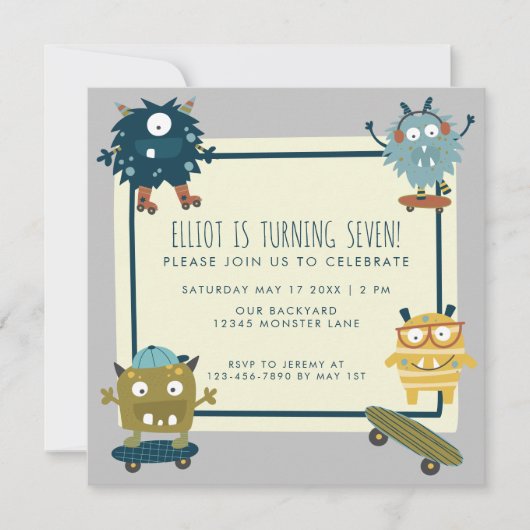 Verjaardagsfeestje voor leuke skateboardmonsters v kaart (Voorkant)