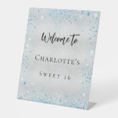 Verjaardagsfeestje zilveren blauwe glitter welkom reclamebord met voetstuk (Voorkant)