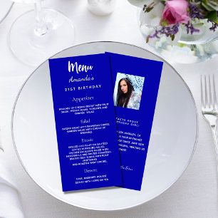Verjaardagsfeestmenu koninklijk blauw leuke weetje reclamekaart