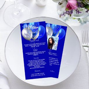 Verjaardagsfeestmenu koninklijke blauwe ballonnen  reclamekaart