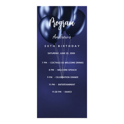 Verjaardagsfeestprogramma menu marineblauw (Voorkant)