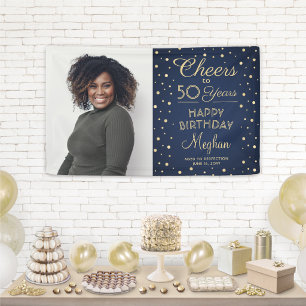 Verjaardagsfelicitaties Navy Blue Gouden Confetti Spandoek