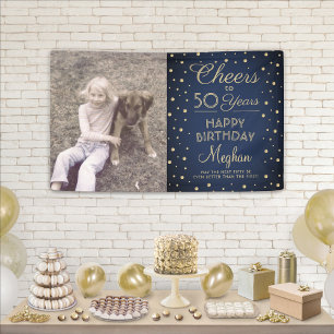 Verjaardagsfelicitaties Navy Blue Gouden Confetti  Spandoek