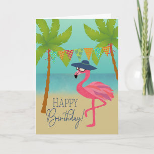 Verjaardagsflamingo op het strand kaart