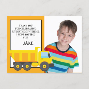 Verjaardagsfoto bedankt gele oranje kiepwagen briefkaart