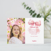 Verjaardagsfoto meisje roze strik bedankkaart (Staand voorkant)