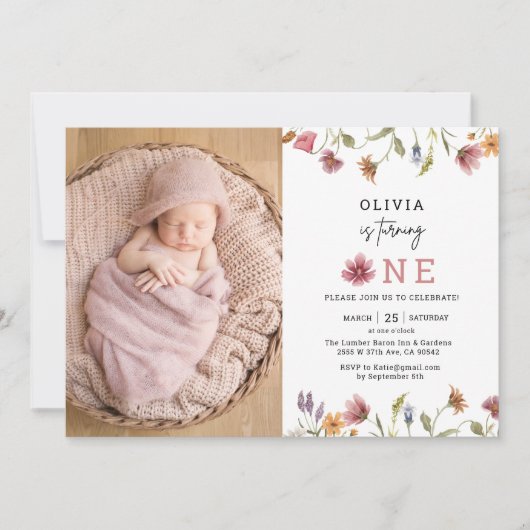 Verjaardagsfoto uitnodiging voor wilde bloem meisj (Voorkant)