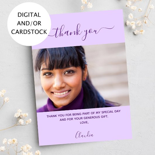 Verjaardagsfoto violette paarse dank u kaart