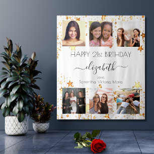 Verjaardagsfotocollage wit goud beste vrienden wandkleed