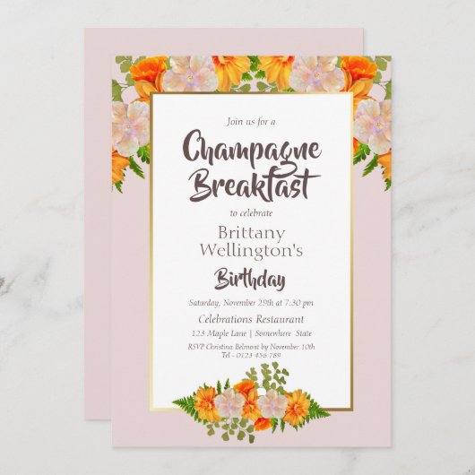Verjaardagsgoud Blush Florale Champagne Ontbijt Kaart (Voorkant / Achterkant)