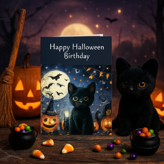 Verjaardagsgroet voor Zwarte Kat met Halloween-the Kaart