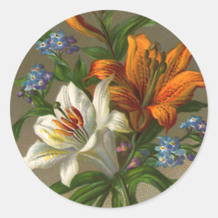 Verjaardagsgroeten met leliebloemen in vintage sti ronde sticker