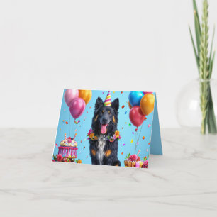 Verjaardagshond met cake en ballonnen