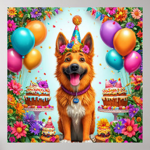 Verjaardagshond met cake en ballonnen poster