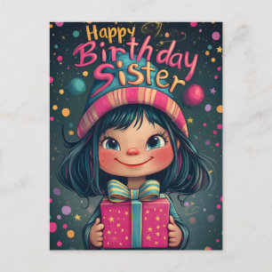 Verjaardagsillustratie voor een zus met een speels feestdagenkaart