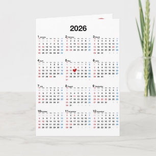 Verjaardagsjaar 2026 met rode hart kaart