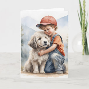 Verjaardagsjongen knuffelhond in Waterverf Kaart