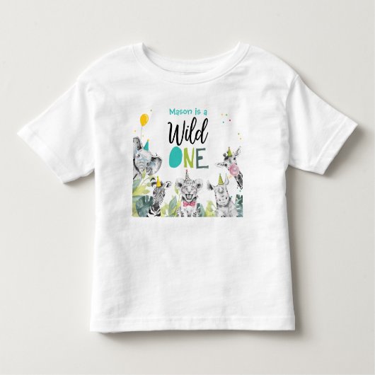 Verjaardagsjongen met feestdieren Wilde Eén 1e ver Kinder Shirts (Voorkant)