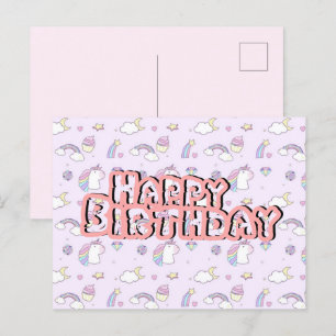 Verjaardagskaart cute eenhoorn roze  briefkaart
