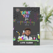 Verjaardagskaart dank je wel voor Mad Science-fees (Staand voorkant)