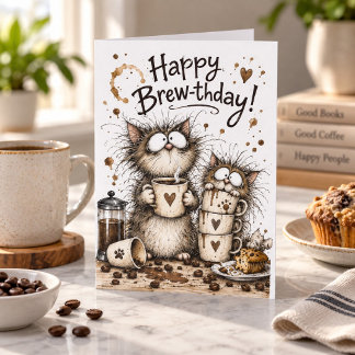 Verjaardagskaart 'Happy Brew-thday Cats and Coffee Kaart