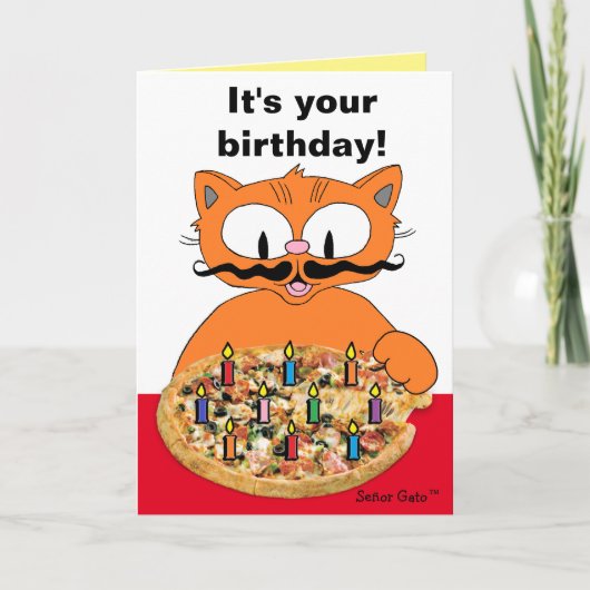 Verjaardagskaart Humoristische Snor Kat Pizza Fees Kaart (Voorkant)