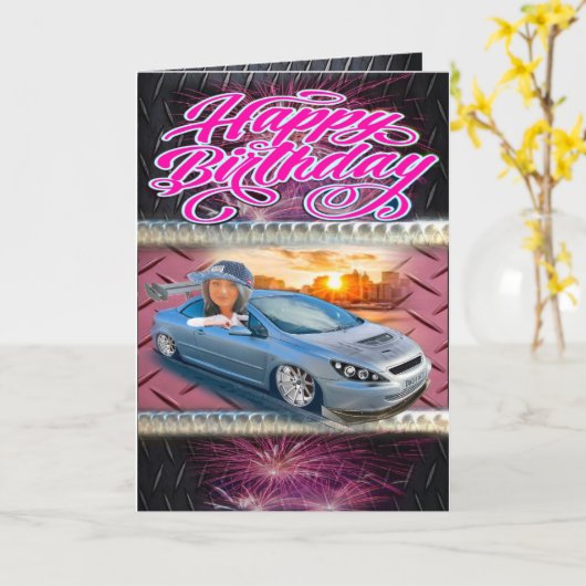 Verjaardagskaart meisje racer kaart (Gele Bloem)