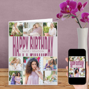 Verjaardagskaart met 8 foto's collage roze voor el kaart