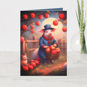 Verjaardagskaart met appelplukkende Biggetje en Ka Feestdagen Kaart