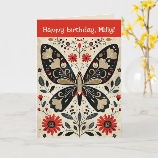 Verjaardagskaart met bewerkbare volks kunst vlinde kaart (Gele Bloem)