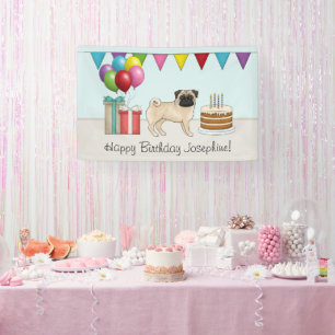 Verjaardagskaart met cute cartoon hond Fawn Pug Spandoek