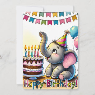 Verjaardagskaart met cute olifant – Kleurrijke cak Feestdagenkaart
