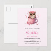 Verjaardagskaart met een schattige roze uil in een briefkaart (Voorkant / Achterkant)