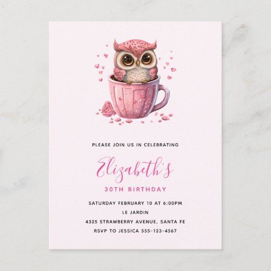 Verjaardagskaart met een schattige roze uil in een briefkaart (Voorkant)