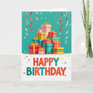 Verjaardagskaart met gestapelde cadeaus kaart