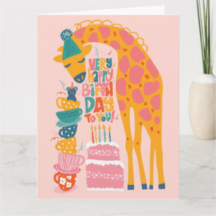 Verjaardagskaart met gevouwen giraffe-theepartij kaart