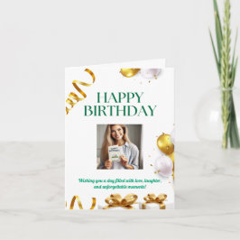 Verjaardagskaart met gouden ballonnen en cadeaus e