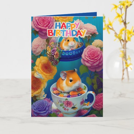 Verjaardagskaart met grappige Syrische hamsters Kaart (Gele Bloem)