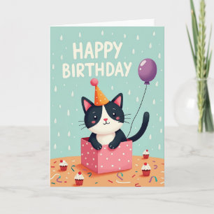 Verjaardagskaart met kat in cadeausdoos kaart