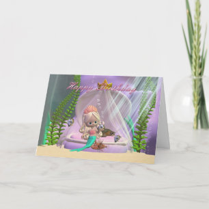 Verjaardagskaart met kleine zeemeermin en visvrien kaart