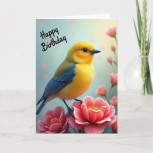 Verjaardagskaart met Koraalbloem en Gele Vogel Kaart