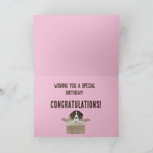 Verjaardagskaart met nichtje puppy in doos kaart (Binnen)