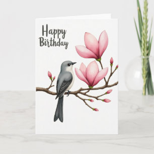 Verjaardagskaart met roze magnoliavogel kaart