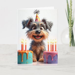 Verjaardagskaart met ruige hond en cake kaart