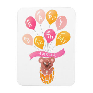 Verjaardagskaart met teddybeer en roze ballonnen v magneet