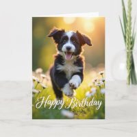 Verjaardagskaart met vrolijke puppy sprong