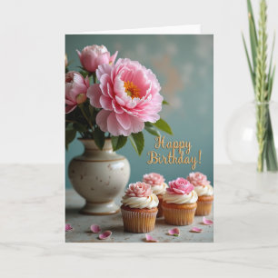 Verjaardagskaart met vrolijke roze bloemen kaart