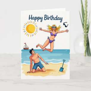 Verjaardagskaart met vrolijke sprong op het strand kaart